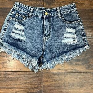 SHEIN Acid Wash Distressed Frayed Hem Denim Shorts - Blue